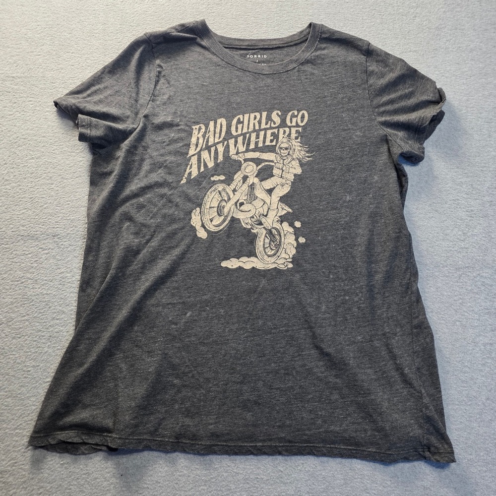 Torrid Womens Size 2 Gray Heather Bad Girls Go Anywhere Motorcycle Graphic Tee